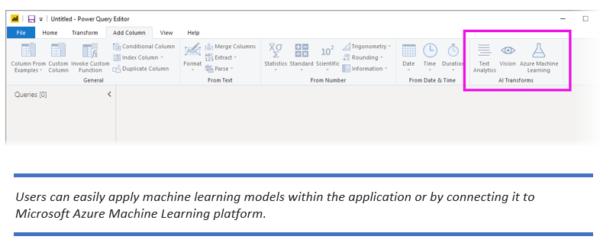 Users can easily apply machine learning models within the application or by connecting it to Microsoft Azure Machine Learning platform.